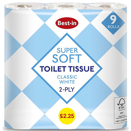 Bestin Soft Classic White 45 Toilet Tissue 2Ply - 5 x 9 Tissue Rolls Pack
