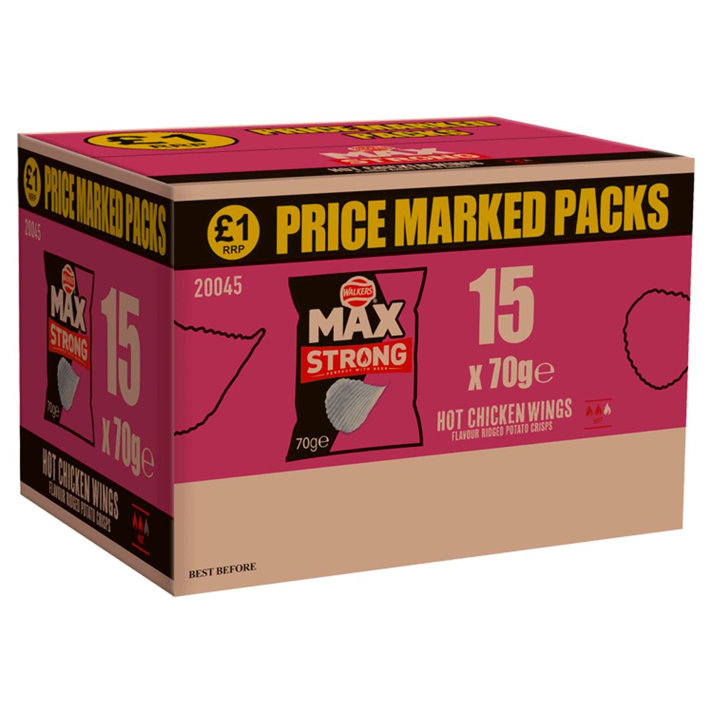 Walkers Max Strong HOT CHICKEN WINGS Potato Crisps 15 x 70g Packs