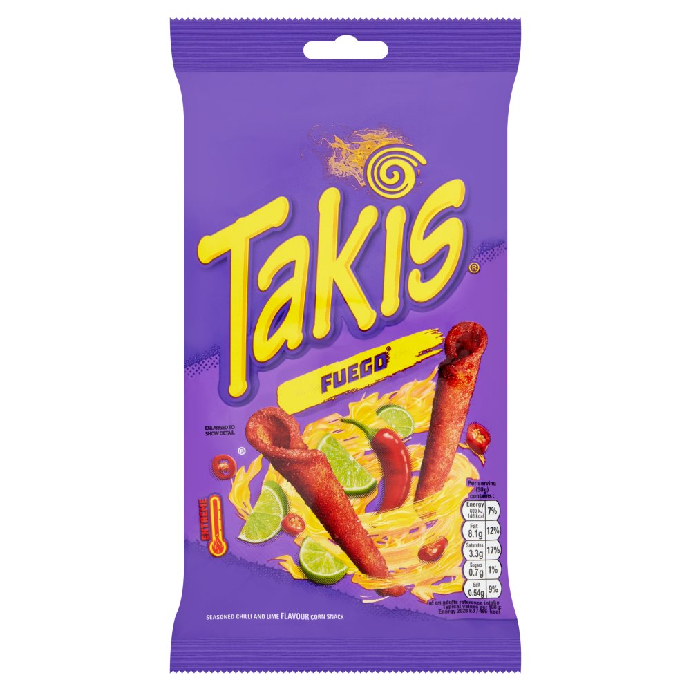 Takis Fuego Seasoned Chilli and Lime 18 x 100g - Snacks Crisps