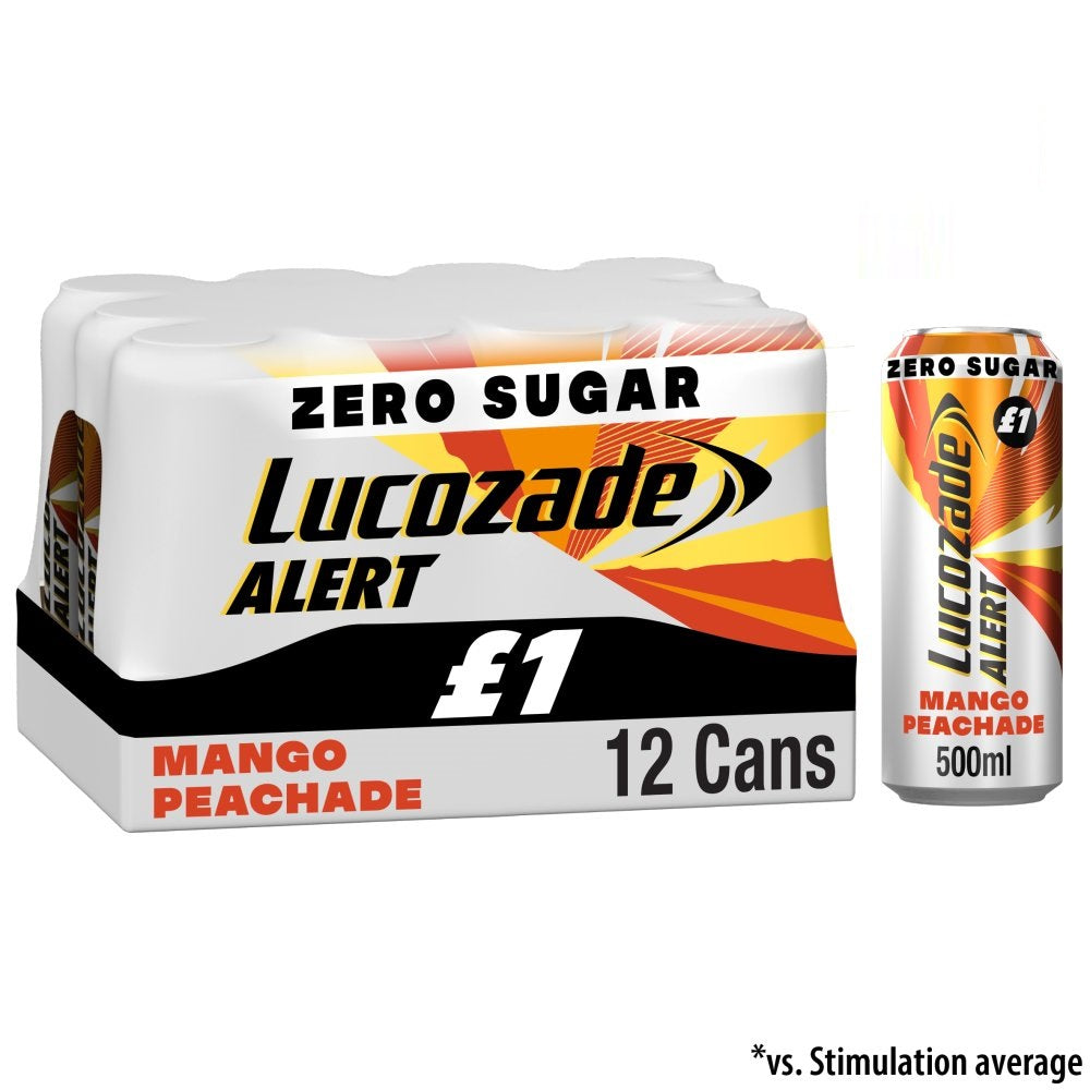 Lucozade Alert Mango &amp; Peach Zero Sugar Energy Drink 12 x 500ml