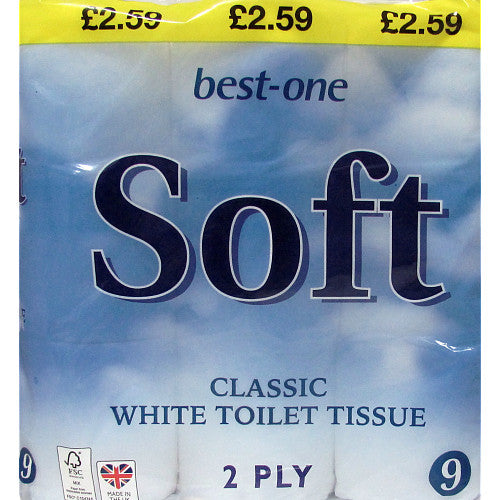 Best-One Soft Classic White 45 Toilet Rolls 2Ply - 5 x 9 Tissue Rolls Pack