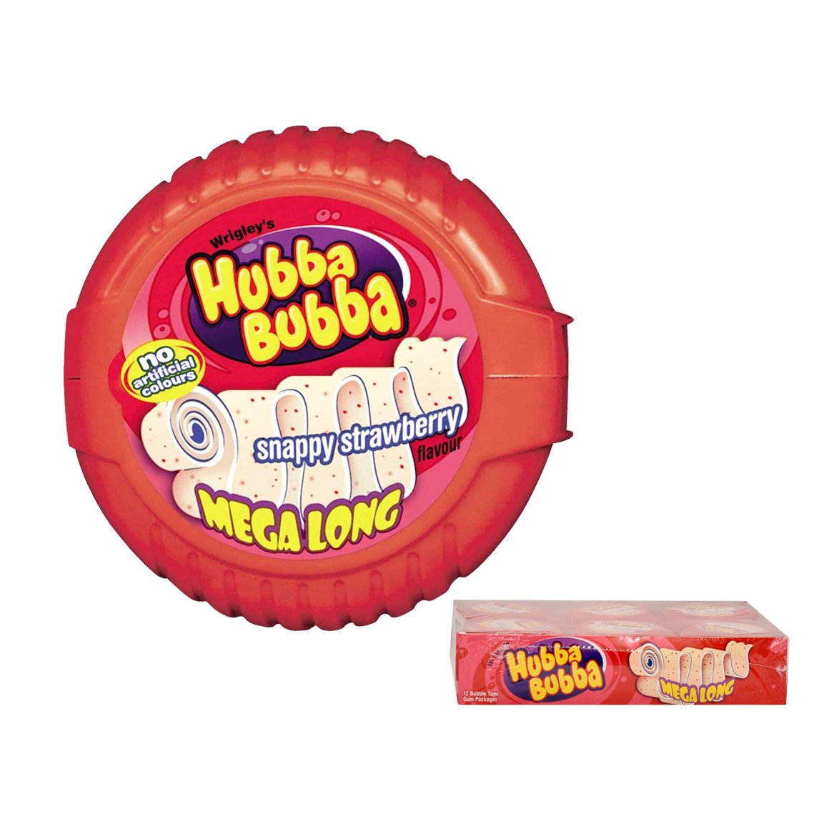 Hubba Bubba Snappy Strawberry 12x56g Mega Long Tape Chewing Gums Box